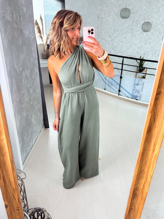 Combi Pantalon Gaze de coton kaki Léna
