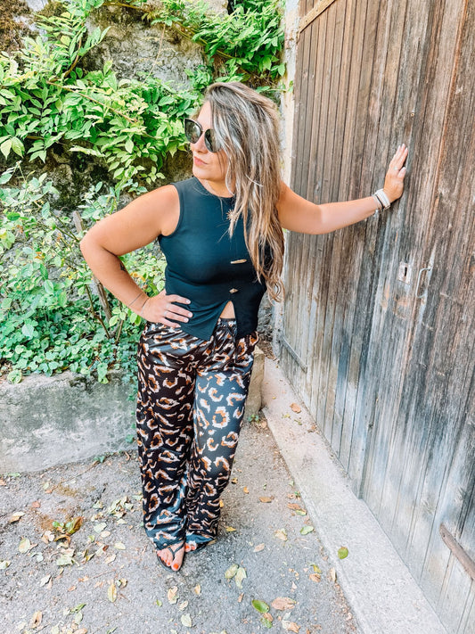 Pantalon satin léopard